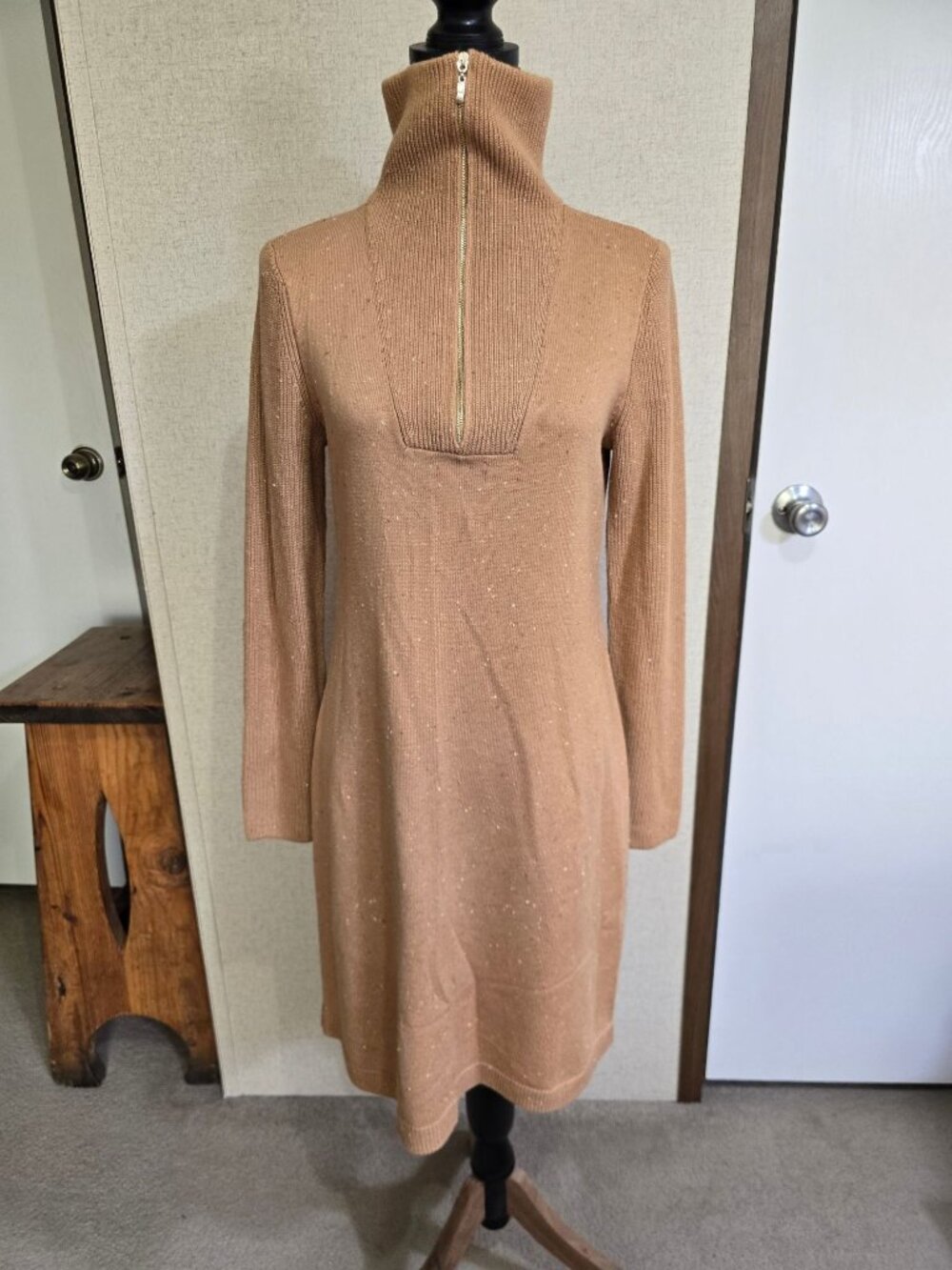 Talbots Small Sweater Dress Camel Brown Ribbed Knit Long Sleeve